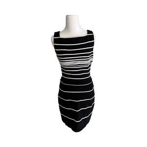 Tadashi Shoji Black White Striped Sheath Dress Woman’s Sz M Slimming Business